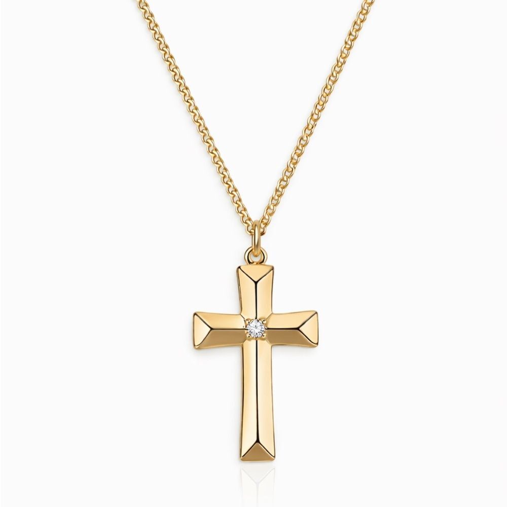 14K Gold Stereoscopic Cross Necklace Dainty Faith Pendant CZ Religious 22” Chain